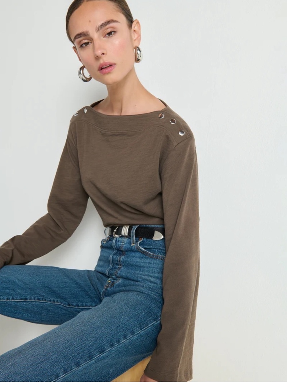 Nation LTD Olive Long Sleeve Top with Shoulder Grommets